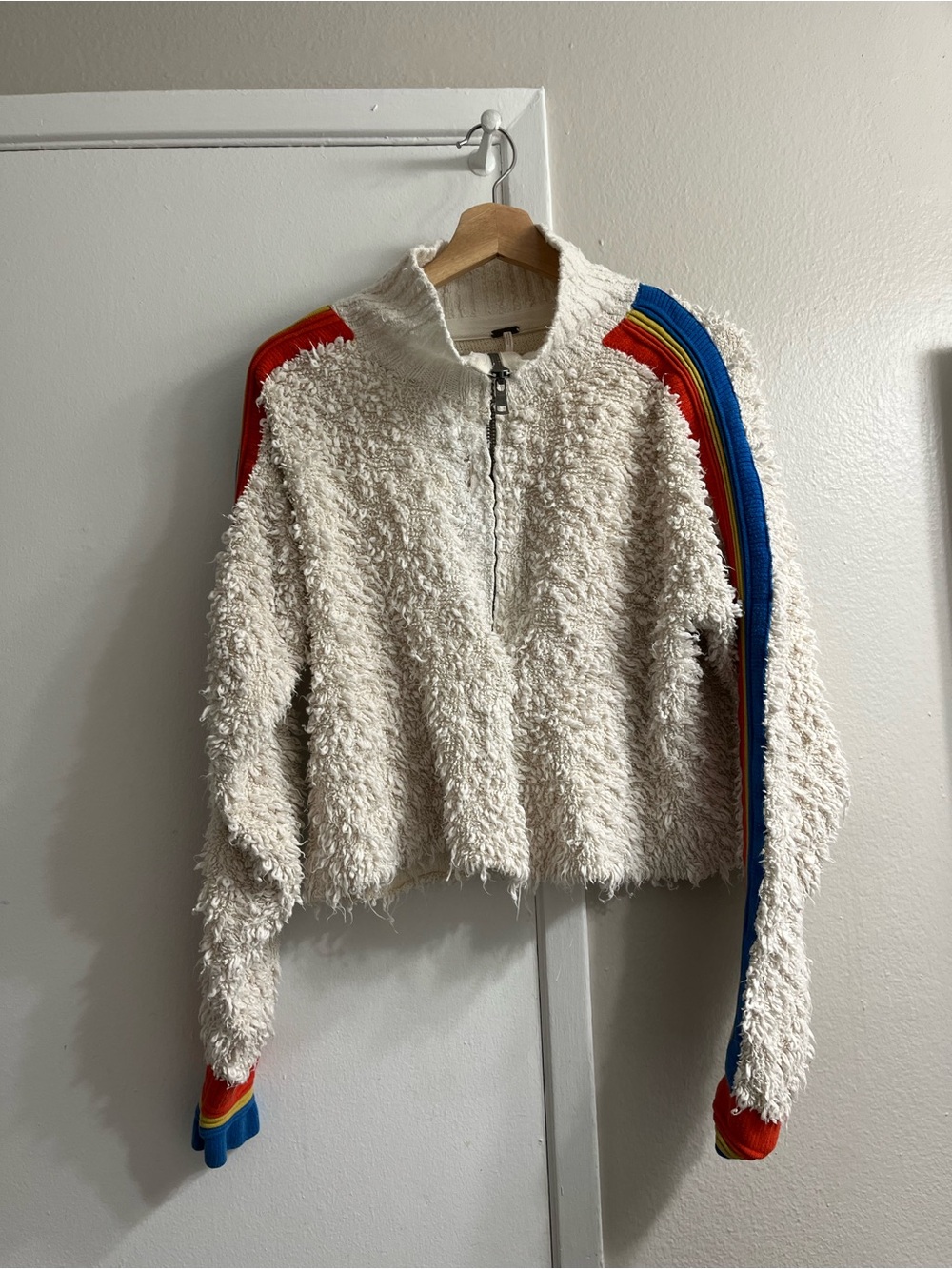 Free People Cream Sherpa Half-Zip Jacket with Rainbow Sleeve Stripes
